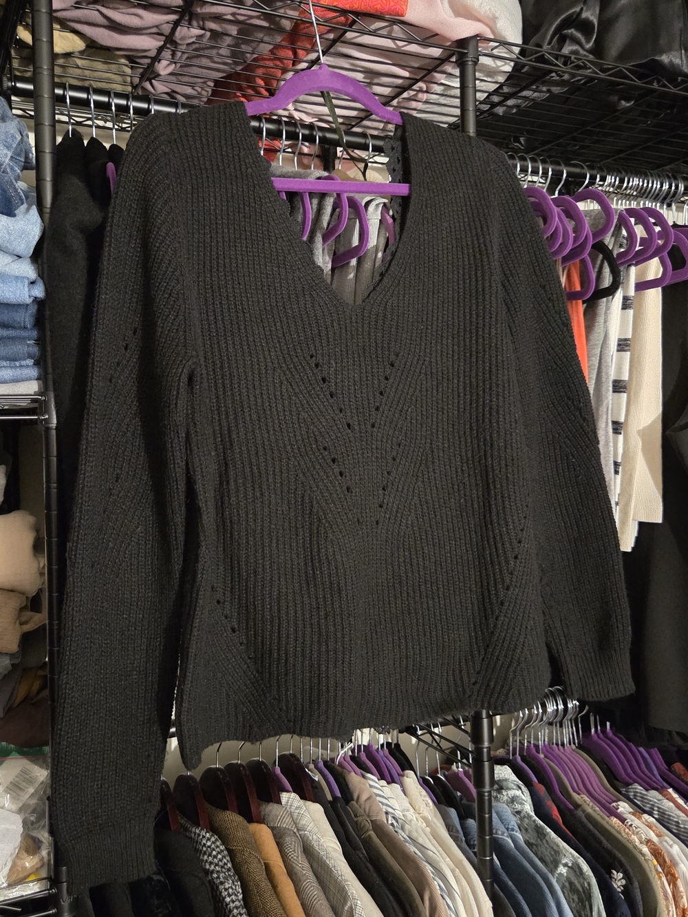Women's Black V-Neck Ribbed Knit Sweater